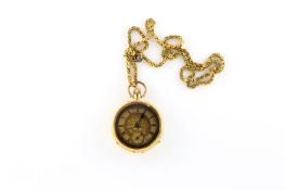 An 18ct gold ladies fob watch with engraved decoration to case and black Roman numerals to face with