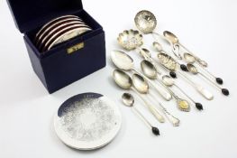 A collection of assorted silver coffee spoons and strainer spoons, including some plated spoons,