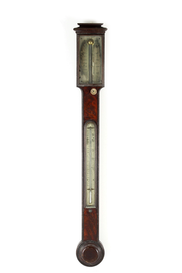 A Georgian mahogany stick barometer, by Cary of London, with silvered faceplate, ivory adjuster