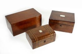 Three Victorian wooden boxes, comprising a rosewood veneered sewing box with inlaid mother of
