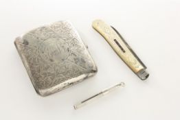 A silver cigarette case, together with a mother of pearl and silver pen knife, and a sterling silver