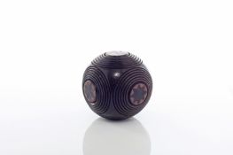 A Victorian Tunbridgeware carved rosewood coin holder, of circular form with removable coin tube,