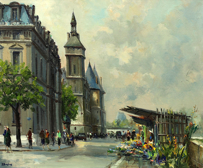 A 20th century oil on canvas of a Parisian street scene, French school, depicting a flower seller in