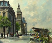 A 20th century oil on canvas of a Parisian street scene, French school, depicting a flower seller in