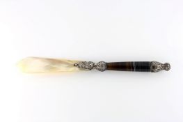 A Victorian silver and banded agate letter opener, the handle with silver mounts engraved with