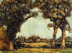 Ethel Louise Rawlins British (1880-1940), Country landscape with trees and a hamlet in the