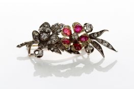 A 19th century gold and silver set floral spray brooch, set with rose diamonds and five cabouchon