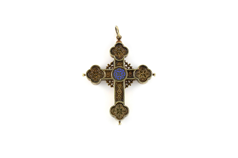 A Victorian silver gilt and enamel cross, by John Hardman & Co, hallmarked Birmingham 1852,