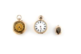Two ladies Victorian fob watches and a locket, comprising a 12ct gold fob watch with gilt dial, a