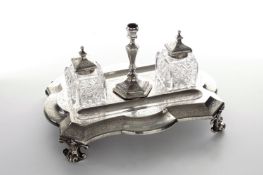 A Victorian engraved silver inkstand by the Barnard family, hallmarked London 1876, fitted with