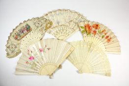 Another small collection of five fans, comprising three with celluloid sticks and painted images