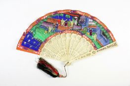 A hand painted and carved bone fan, Canton or Mandarin circa 1840, the hand painted fan detailed