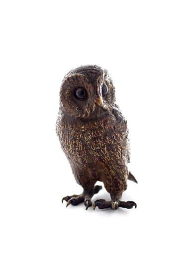 A cold painted bronze model of an owl, probably Austrian, late 19th century, possibly by Bergmann,