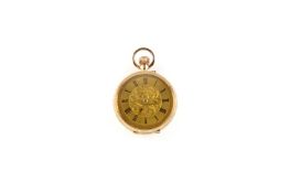 A 14ct gold ladies fob watch with chased decoration to case and dial, black Roman numerals