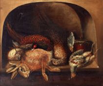 19th Century English School, Still life with game birds and a rabbit on an arched shelf. Oil on