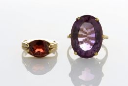 A modern 9ct gold dress ring set with large faceted amethyst, in claw setting, together with a 9ct