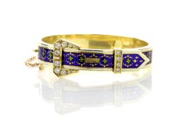 A 14ct gold stiff bangle in the form of a belt, highly decorated with blue, green and white enamel