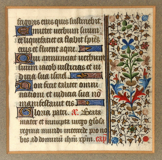 A 15th century French illuminated manuscript page, on vellum, with latin verse, the margin decorated