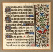 A 15th century French illuminated manuscript page, on vellum, with latin verse, the margin decorated