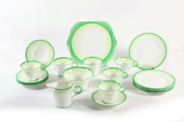 A 1930s Shelley porcelain tea set, circa 1933 with green painted rims and graduated pale green to