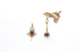 An Edwardian 9ct gold pendant on chain and another pearl pendant, The first with circular amethyst