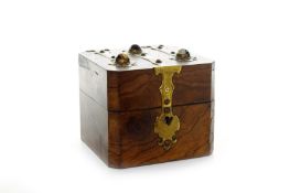 A Victorian figured walnut bottle box, the rising top mounted with gilt brass straps with banded