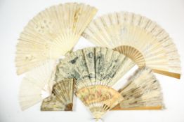 A collection of Seven fans, comprising a cream ostrich feather and fabric fan with painted