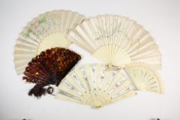 A small collection of five fans, comprising a faux tortoiseshell fan, three with celluloid sticks