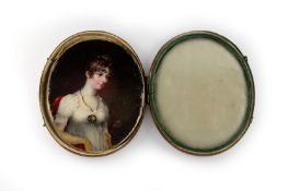 A Regency miniature on ivory of a young lady in white dress, inscribed MB 1806, in red Morocco