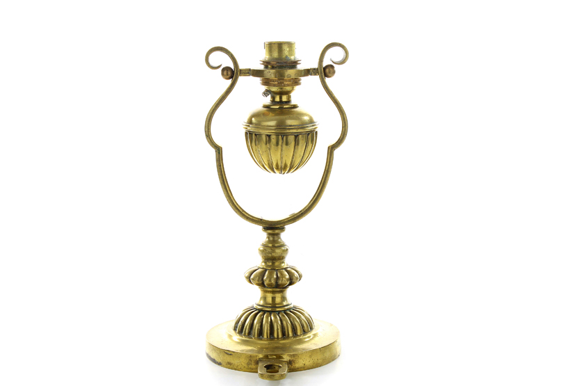 A Victorian brass ships lamp, with lyre shaped frame and pendulum suspended lamp bowl. Converted
