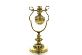 A Victorian brass ships lamp, with lyre shaped frame and pendulum suspended lamp bowl. Converted