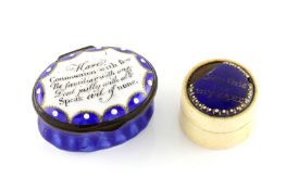 Two early 19th century enamel pill boxes, the first of oval form with hinged lid and painted