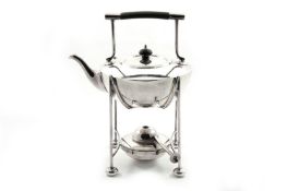A Mappin & Webb silver plated spirit kettle on stand, of shallow dished form with spirit burner
