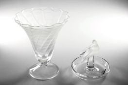 A modern Lalique glass spiral twist vase, together with a Lalique frosted glass dove pin tray.