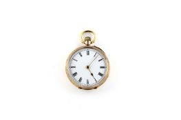 A 9ct gold lady’s fob watch with chased decoration to case, white enamel dial and black Roman enamel