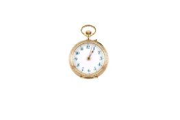 A ladies Continental 12ct gold fob watch, with white enamel dial, with green arabic numerals, and