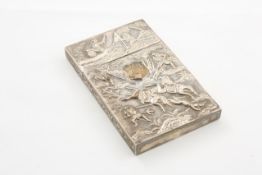 A late 19th century Chinese white metal card case of rectangular form with embossed decoration,