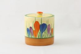 Clarice Cliff Crocus jam pot and lid 1930s, with marks to the underside, height 8.5cm In good