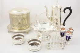 A mixed lot of silver plate mostly 20th century, comprising a coffee pot, biscuit barrel, pierced