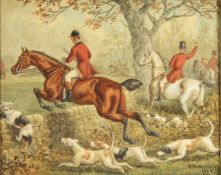 Two Victorian watercolours of hunting scenes dated 1880, signed Herberter, original walnut frame, 22