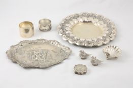 A small group of silver mainly Continental, consisting of a shaped oval tray embossed with