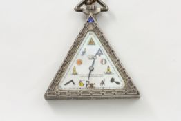 A silver Masonic triangular pocket watch Swiss, circa 1900s, with jewelled manual wind movement,
