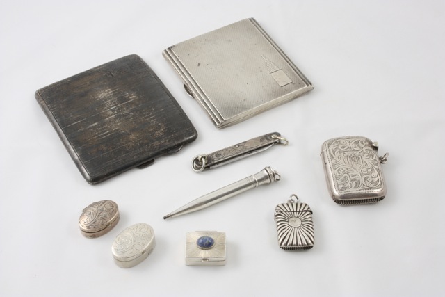 A small collection of gentleman`s silver accessories comprising Art Deco cigarette case hallmarked