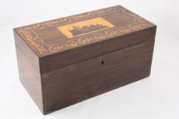 A rosewood Tunbridgeware tea caddy English, late 19th century, of rectangular form, the lid inlaid