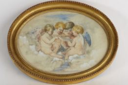 A 19th century watercolour of cherubs together with an engraving of Cupid entitled `Love`, 15.5 x