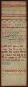 A 19th century sampler dated May 8 `44, worked in various coloured thread showing a variety of