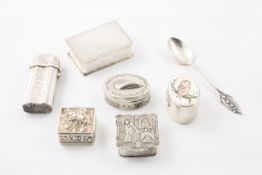 A collection of six silver and silver coloured metal boxes various dates, comprising a vesta case