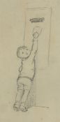 ‡ Margaret Tarrant (1888-1959) `Big Stretch`, pencil drawing, framed and mounted, 12.8 x 6.7cm.