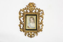 A 19th century watercolour of a young lady in fitted giltwood Rococo style frame, 9 x 6.5cm In