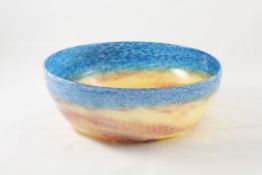 A Gray-Stan glass bowl circa 1930, the hand-blown glass bowl decorated with bands of blue, yellow